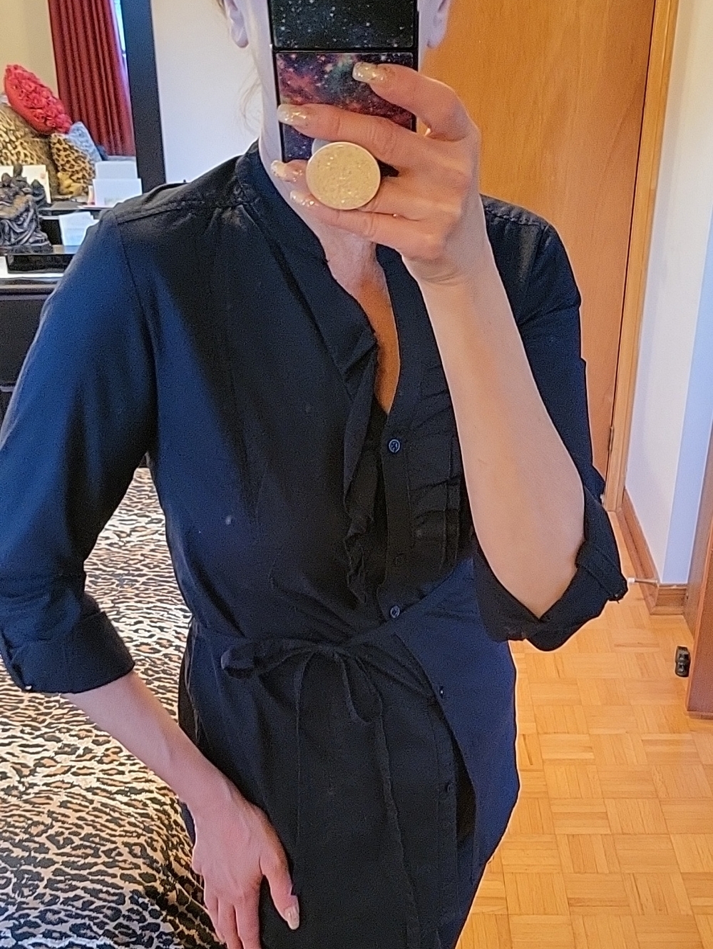 LIKE NEW! ALFRED SUNG Black Button-Front Tie-Waist Blouse, 100% Cotton, M